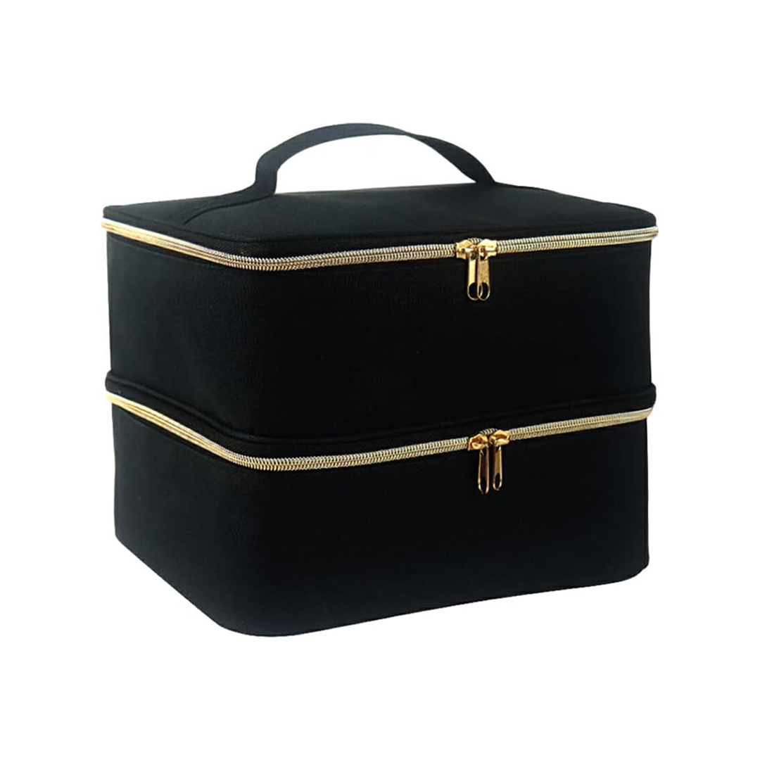 Premium Black Double-Layer PU Leather Travel Makeup Bag & Cosmetic Organizer