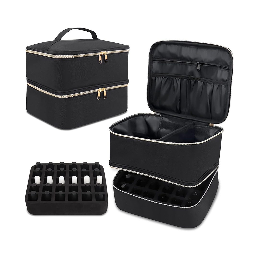 Premium Black Double-Layer PU Leather Travel Makeup Bag & Cosmetic Organizer