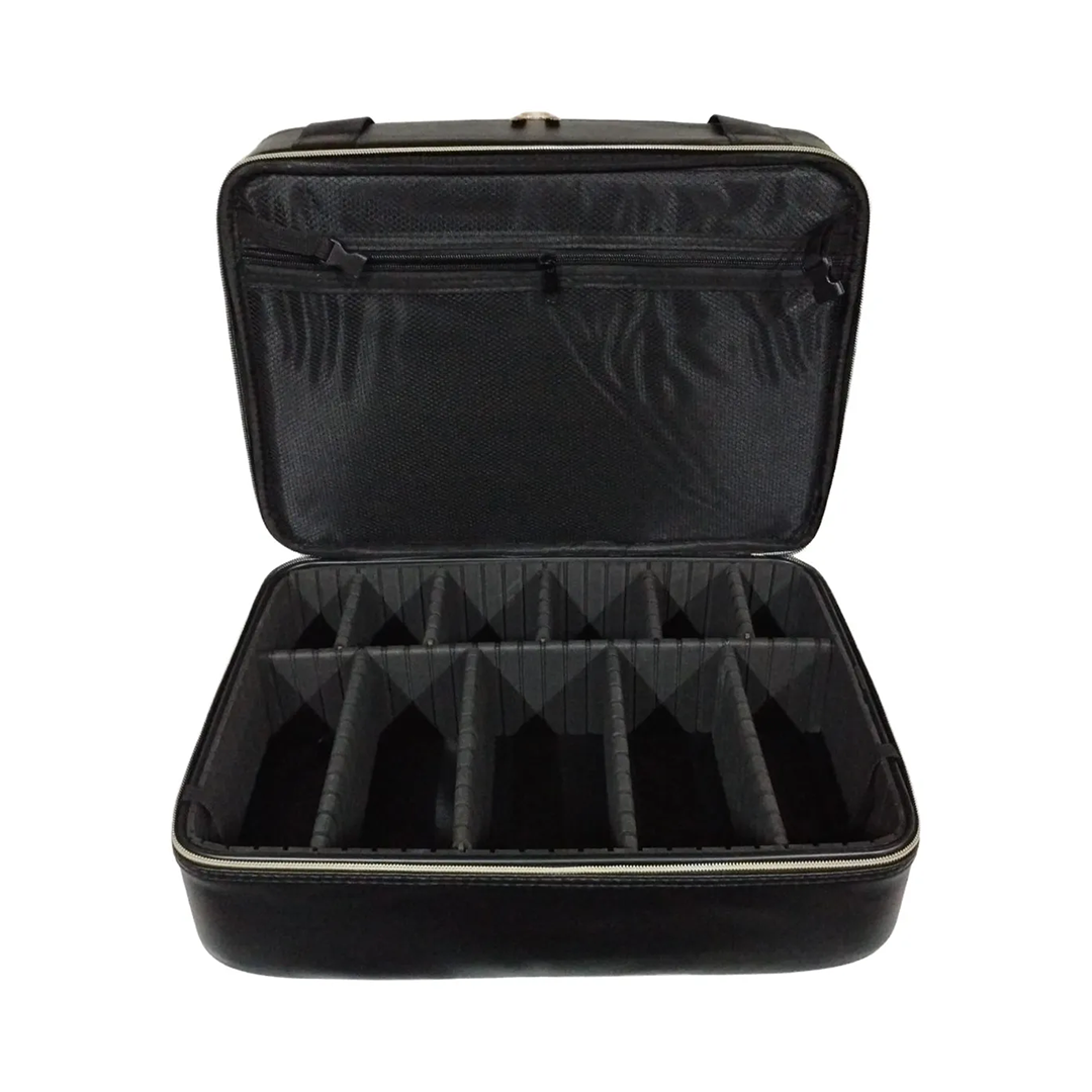 Premium Black Double-Layer PU Leather Travel Makeup Bag & Cosmetic Organizer