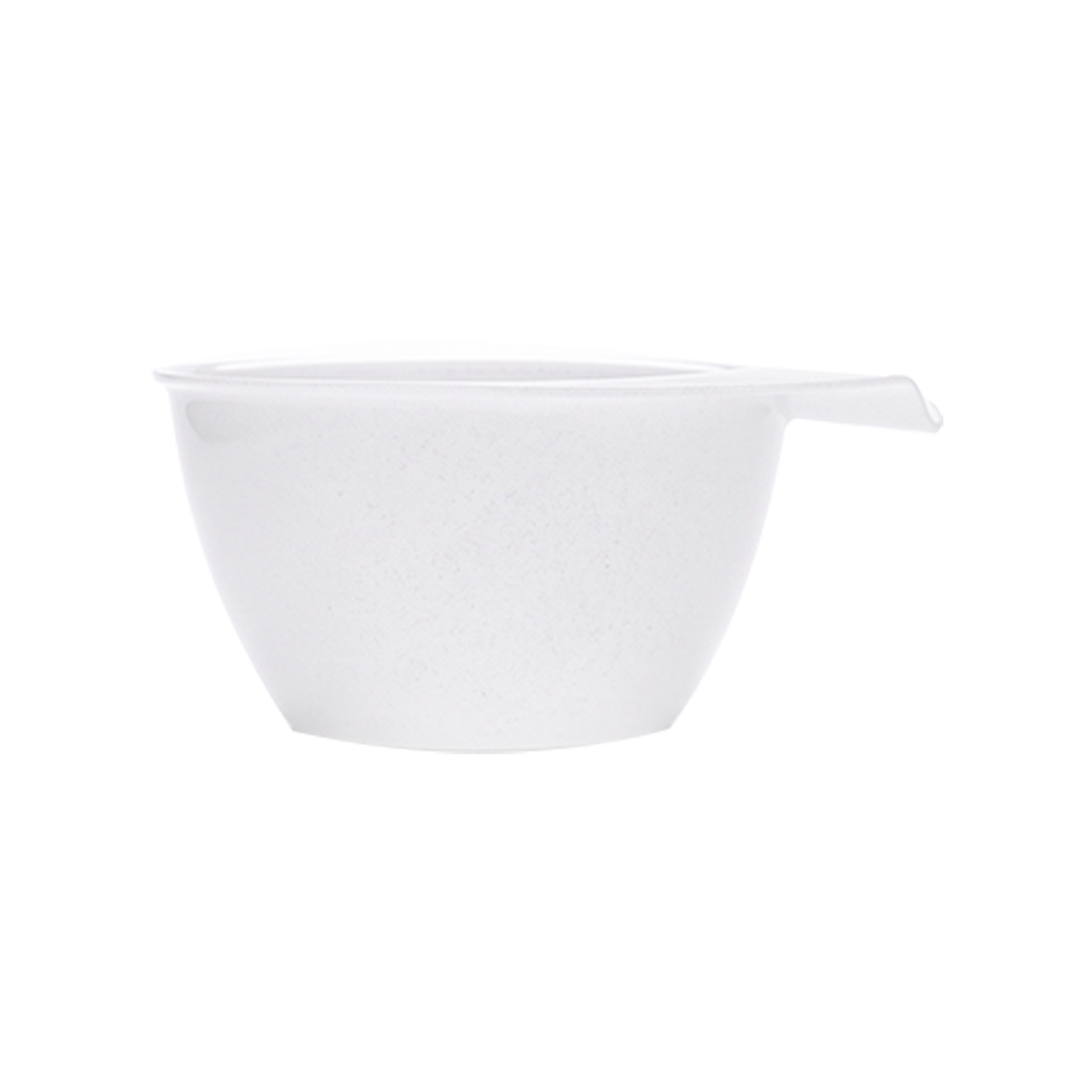 Ergonomic White Melamine Mixing Bowl with Integrated Thumb Handle and Pour Spout
