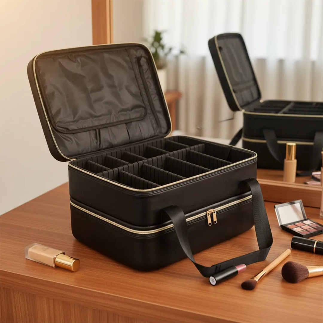 Premium Black Double-Layer PU Leather Travel Makeup Bag & Cosmetic Organizer