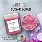 Load image into Gallery viewer, Aroma ROSE GERANIUM &amp; LAVENDER Sugar Scrub hand, feet &amp; body1000g (Calming&amp; Soothing)
