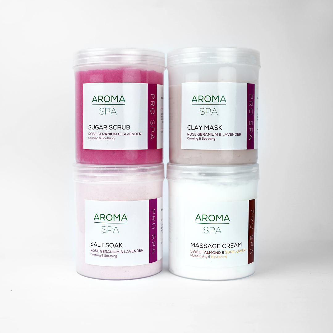 Aroma Rose Geranium & Lavender Spa Kit | 4-Step Hand, Feet & Body Care (Calming & Soothing)