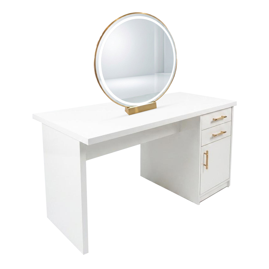 Double Sided Glam White and Gold Vanity Table with LED Light Mirror