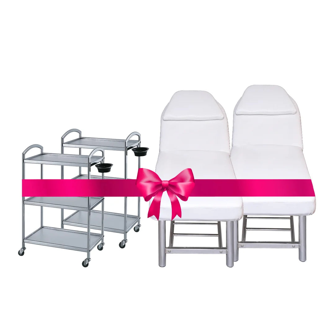 Eco. Double Value Deal: 2 Eco Facial & Massage Bed White with Steel Frame, 2 Facial Trolley