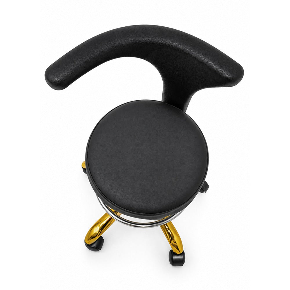 Black Salon Stool with Armrest, Gold Base &amp Footrest