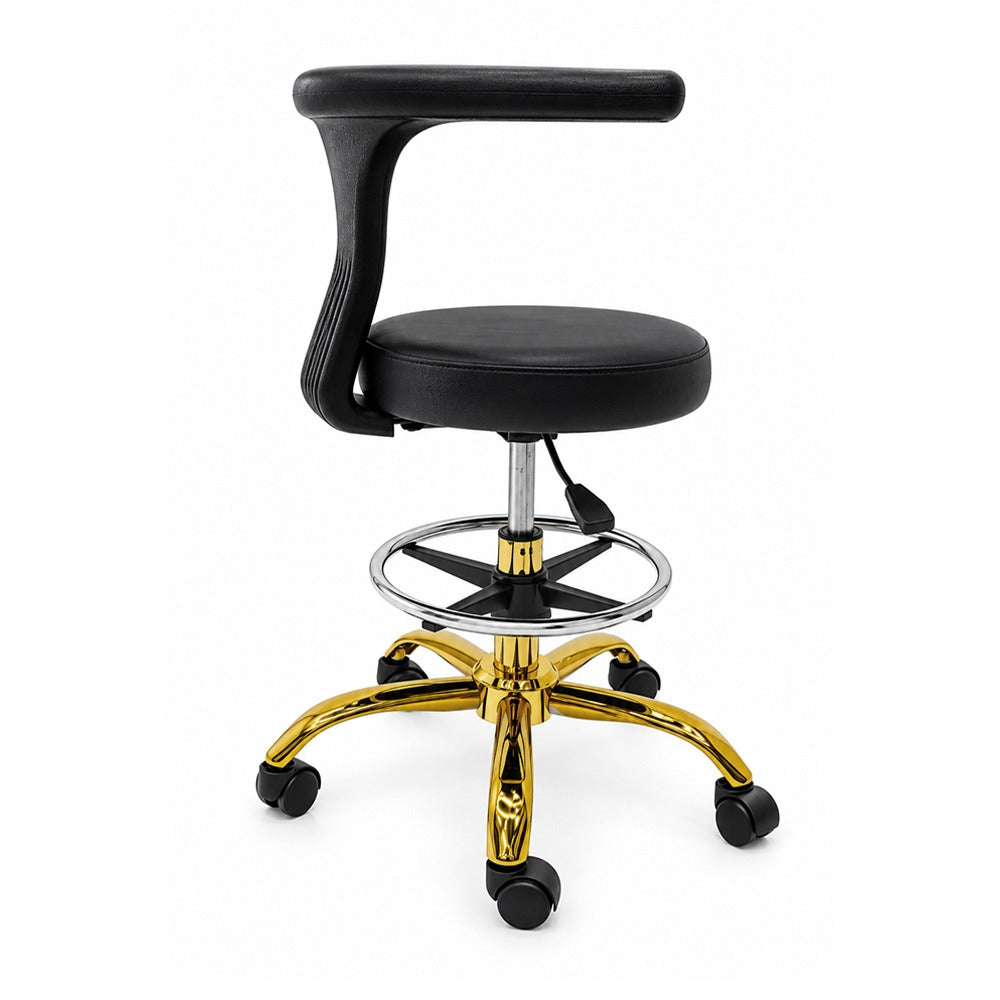 Black Salon Stool with Armrest, Gold Base &amp Footrest