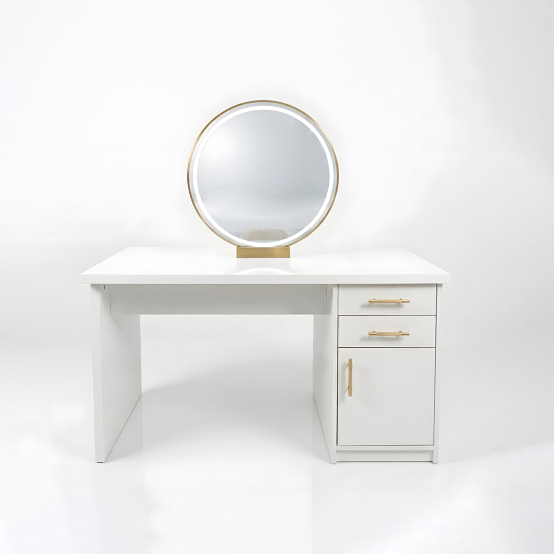 Double Sided Glam White and Gold Vanity Table with LED Light Mirror